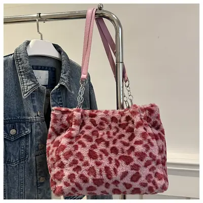 Leopard Print Plush Tote Bag for Women
