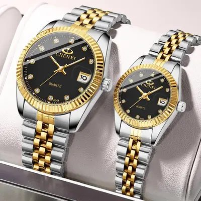 Chenxi Couple Watches Gold Silver Diamond Band 1000 Hours