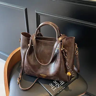 Brown Leather Tote Bag for Women Autumn Winter