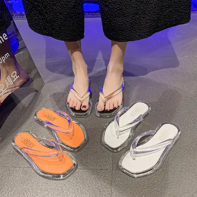 Cross-border Korean-style Internet-famous beach flip-flops Joker Jelly Outer Wear Transparent Double Color Slippers for Women