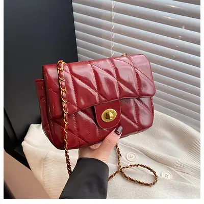 Women Rhombic Chain Shoulder Bag Red 2024 Winter