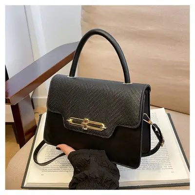 Women's Black Embroidered Shoulder Bag with Gold Clasp