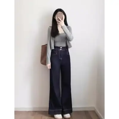 Women High Waist Slimming Jeans Dark Blue Loose Flare