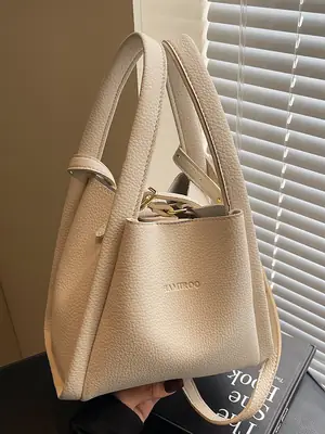 Beige Crossbody Handbag with Litchi Pattern for Women