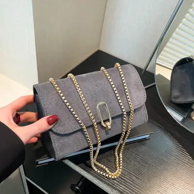 Women's Grey Crossbody Bag with Gold Chain & Buckle