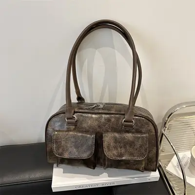 Women's Brown Embroidered Shoulder Bag with 3 Pockets