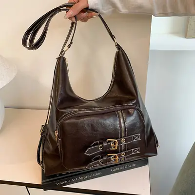 New Women's Brown Leather Shoulder Bag with Buckle Decor