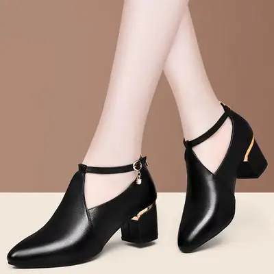 Black Leather Mid Heel Women's Shoes 2025 Spring