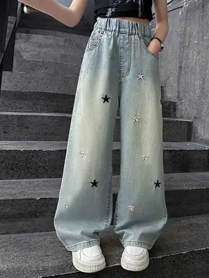 Girls' Jeans Spring & Fall New Internet Celebrity Medium and Large Children's Loose Girls' Single Pants Spring Autumn Summer Straight Wide Leg Pants