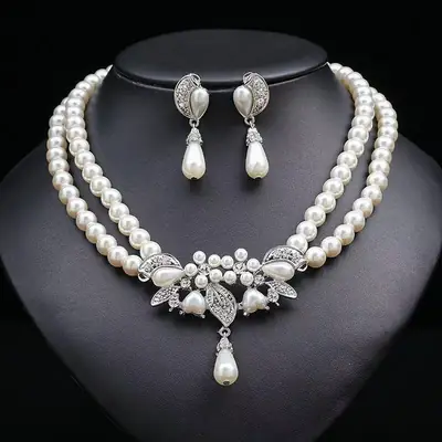 2024 Bridal Jewelry Set Double Pearl Necklace Earrings
