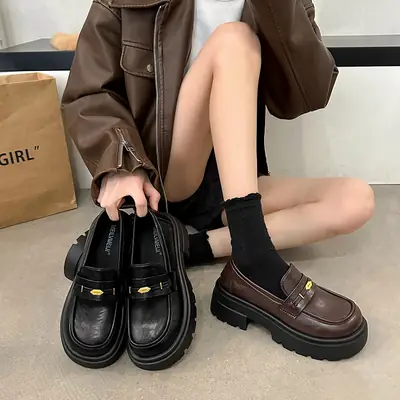 Women's Black Leather Loafers with Gold Button & Thick Sole