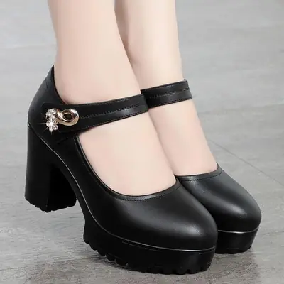 Women's Black Platform Heels with Thick Heel & Waterproof Design