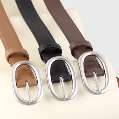 2025 New Women's Black Leather Belt with Oval Pin Buckle