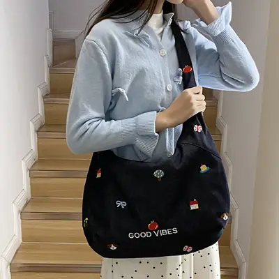 Japanese Embroidered Denim Crossbody Bag for Women