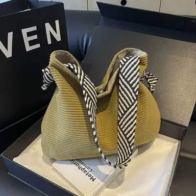 Women Pleated Shoulder Bag Yellow Striped 2025