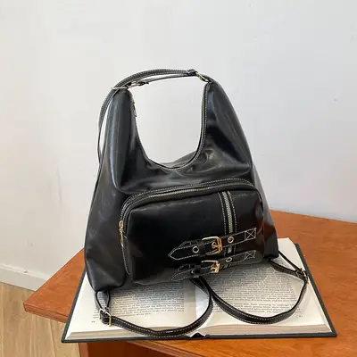 Black Women's Shoulder Bag with Buckle Decor