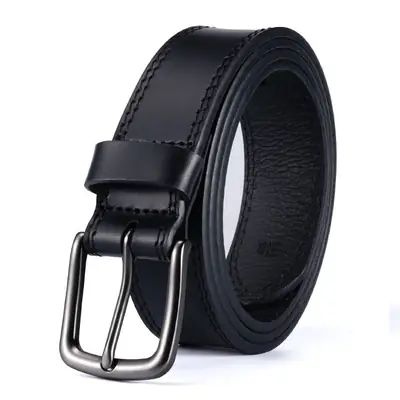Men's Black Leather Belt with Silver Buckle