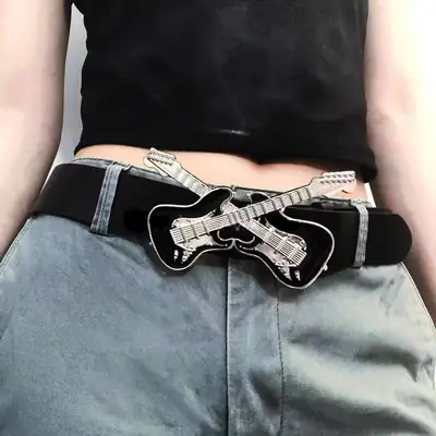 Women's Black Guitar Belt Decorative Belt with Guitar Design