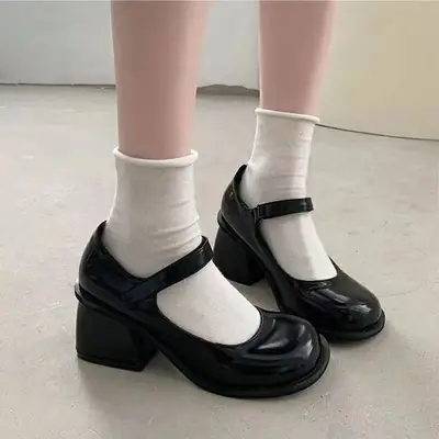 French Style Mary Jane High Heels Women's 2025 New Elegant Fairy Style Thick Black Single-layer Shoes Small Leather Shoes Velcro
