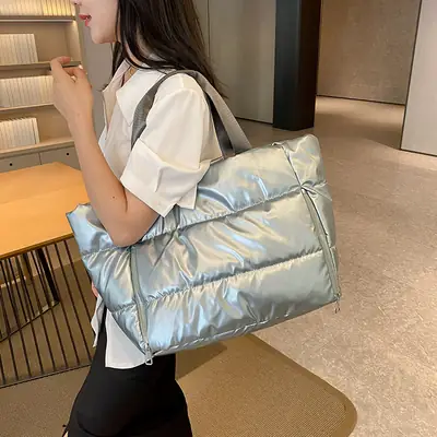 Women's Silver Puffer Shoulder Bag Large Capacity Lightweight