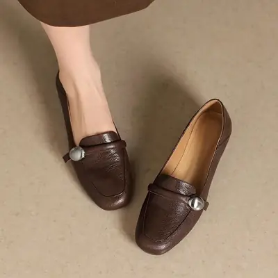 Women's French Retro Slip-on Loafers Brown Low Heeled