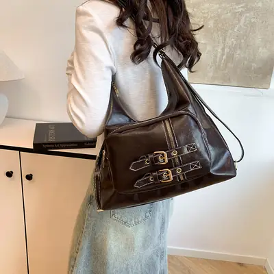 2026 Mori Women's Brown Shoulder Bag with Belt Buckle