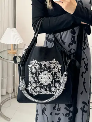 Women Embroidered Waterproof Shoulder Bag Black