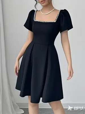 Women's Blue Bubble Beaded Square Collar Dress Spring Puff Sleeves