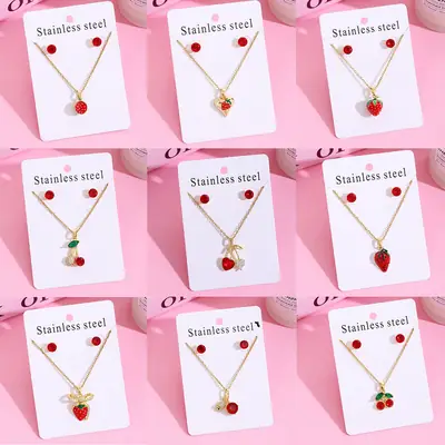Stainless Steel Red Cherry Necklace Earrings Set for Women