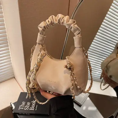 Women Pleated Shoulder Bag Beige Gold Chain 2025