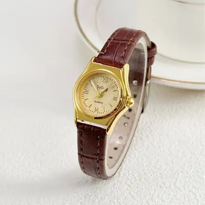 Women's Black Leather Strap Quartz Watch with Silver Case