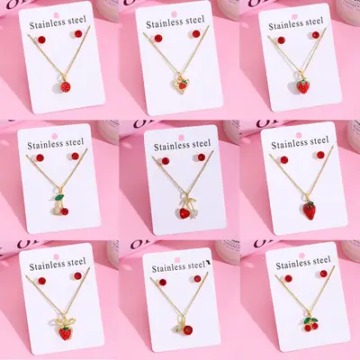 Japanese Korean Style Strawberry Cherry Necklace Earrings Set 304 Stainless Steel