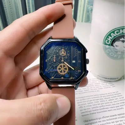 Men's Luxury Skeleton Watch with Blue Dial & Silicone Band