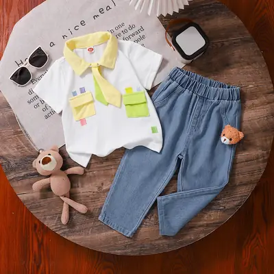 Baby Cotton T-Shirt & Pants Set with Pocket & Cartoon Design
