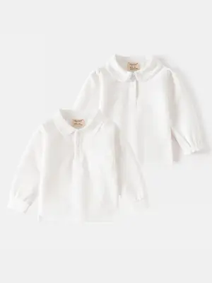Boys' Pure White Long Sleeve Polo Shirt for School