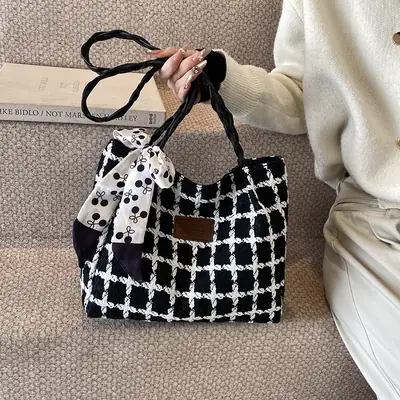 Women's Black White Checkered Shoulder Bag with Drawstring Handle