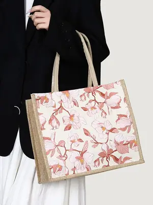 Large Capacity Linen Floral Tote Bag for Women