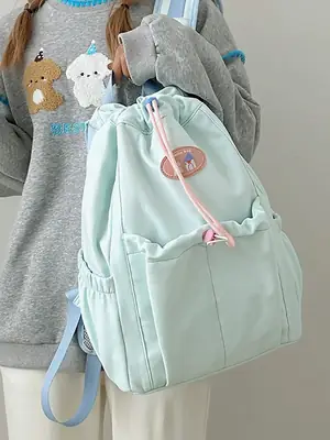 Light Green Casual Backpack for Women with Drawstring Closure
