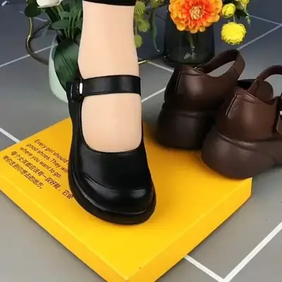 Black Thick Heel Women's Flat Shoes with Buckle