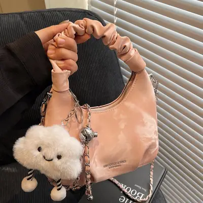 Women's Pink Velvet Shoulder Crossbody Bag with Cute Pom Pom