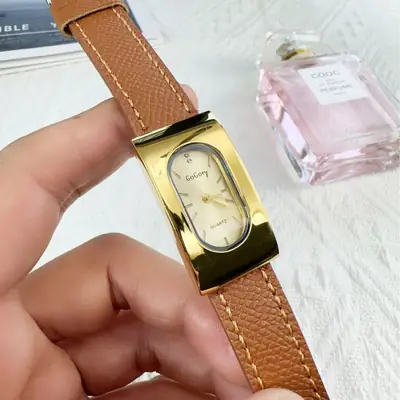 Women's Gold Metal Cold Watch with Black Strap