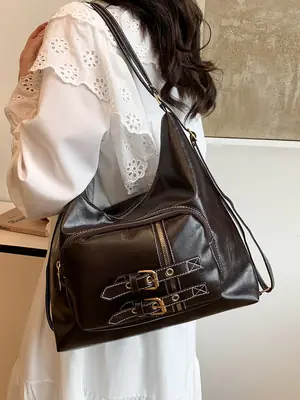 Women's Large Capacity Leather Tote Bag Brown Gold Clasp