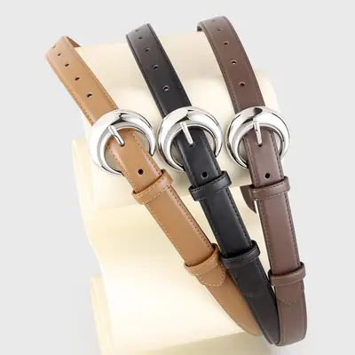 Women's Leather Belt with Moon Pin Buckle Brown Black Tan