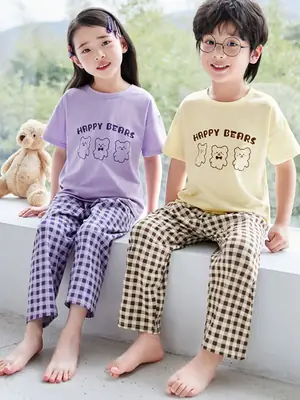 Children's Pajamas Cotton Summer Short-sleeved Trousers Baby Air Conditioning Home Clothes Little Boy Girl Cute Parent-child suit