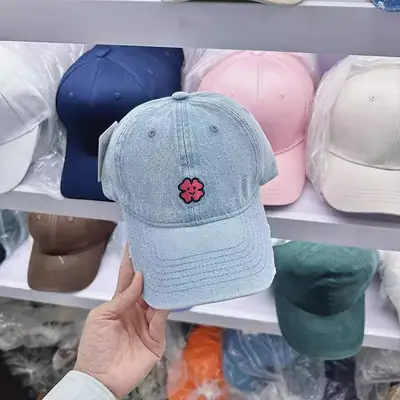 Denim Baseball Cap with Pink Flower Embroidery for Men Women