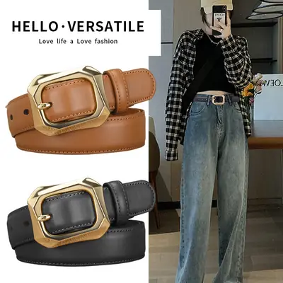 Women's White Genuine Leather Belt with Gold Buckle