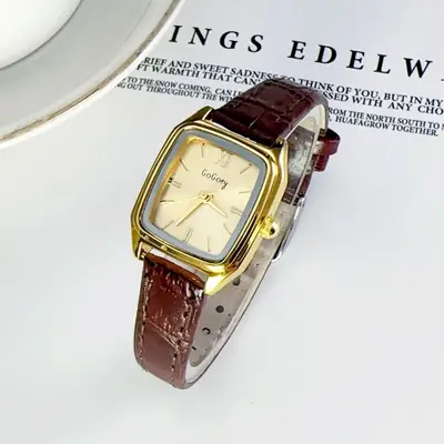 Women's Square Gold Faced Quartz Watch with Brown Leather Belt