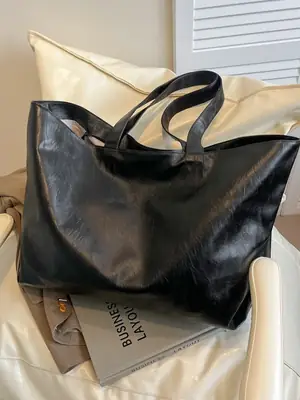 Black Leather Cross-Body Tote Bag Large Capacity
