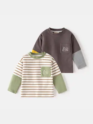 Children's Brown Long Sleeve T-Shirt with Yellow & Grey Sleeves