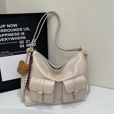 Women's Beige Retro Fashion Shoulder Bag with 2 Pockets